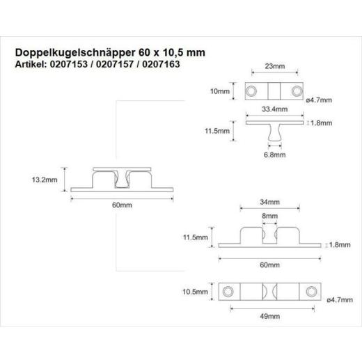 Doppelkugelschnäpper MS vern.50mm Kugeln u.Federn a.STA M-Beschläge | 24 Stück