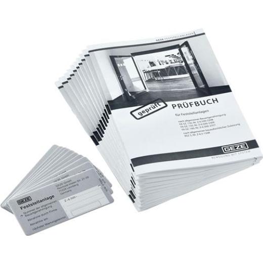 GEZE - Abnahmeset Feststellanlage je 10x Prüfbuch,Schild,Aufkleber f.Abnahmeprüfung