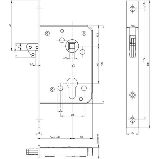 BKS - Schiebetür-Einsteckschloss 0375 PZ 20/55/60/8 mm silber käntig Stulplänge 205 mm