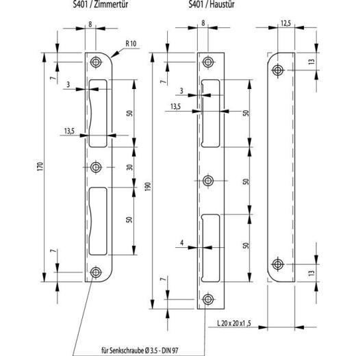 Winkelschließblech - 190/20/1.5 - rund - DIN links/rechts