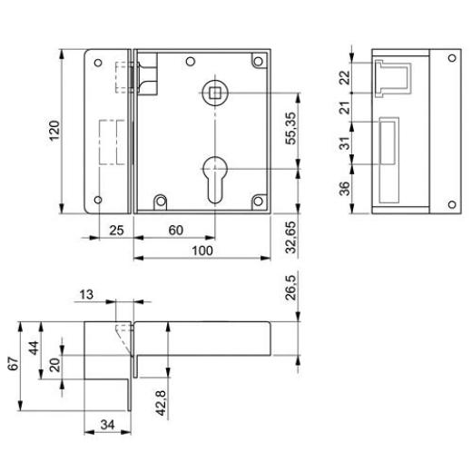 AMF - Schließkappenschloss 2 DIN re.PZW schwe.Ausf.einwärts Dornm.60mm