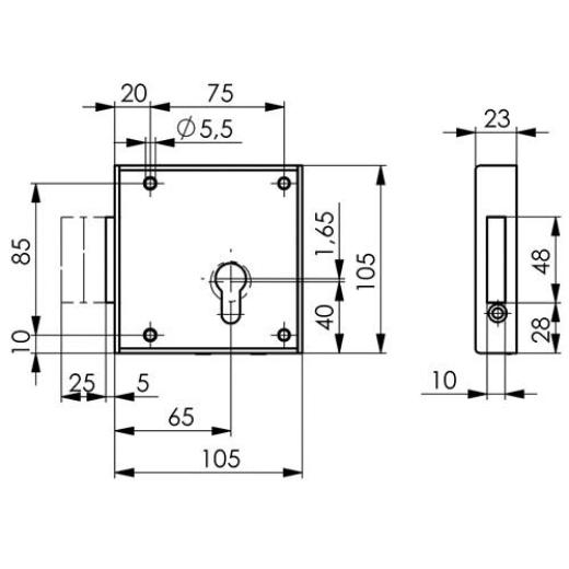Gittertor-Riegelschloss 100 DIN li.PZ aufliegend 65mm AMF