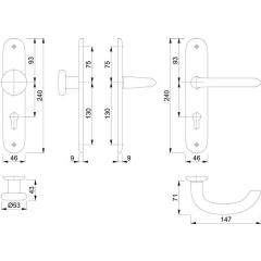 Langschildgarnitur Mar.53/273P/1138 Alu.F1 PZ 72mm DIN L/R HOPPE