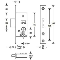RR-Riegel-Einsteckschloss PZ 24/25mm DIN L/R VA ktg.Stulpl.160mm SSF
