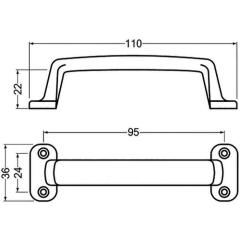 Handgriff A.22mm L.110mm B.36mm Alu-Guss silberf.elox.Löcher 4,D.3,7mm HERMETA